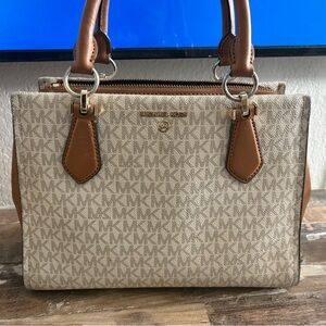 Michael Kors Beige MK Monogram Satchel with Brown Trim